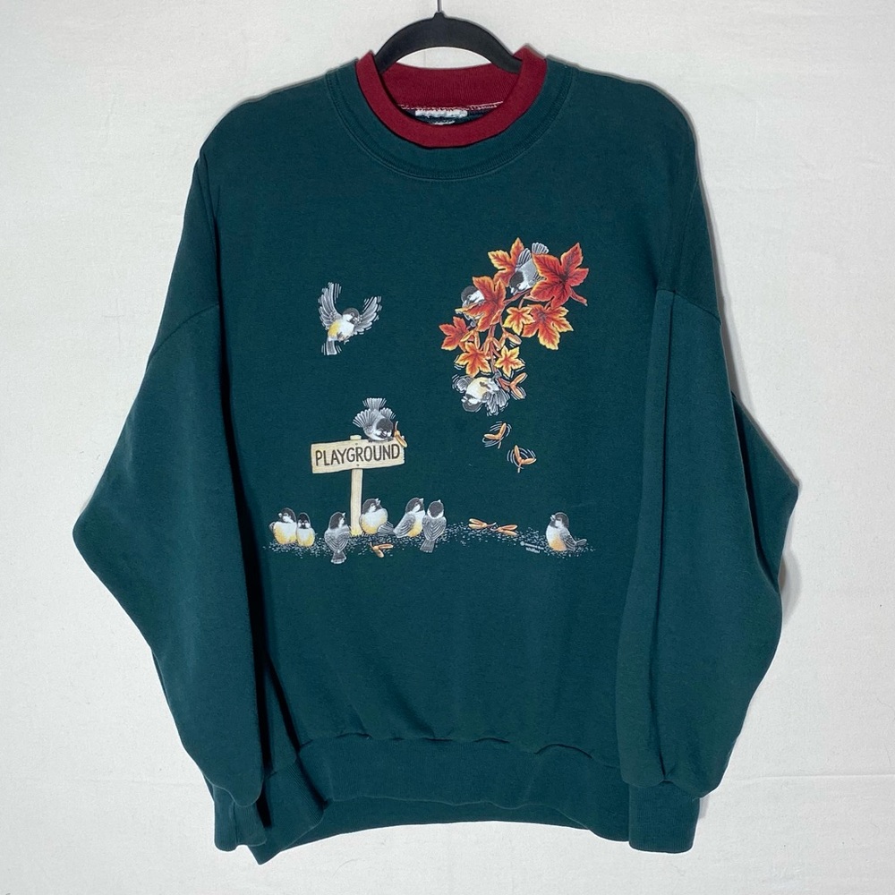 Vintage 90s Green W Burgundy Collar Bird Playground Crew Neck Sweatshirt XXL
